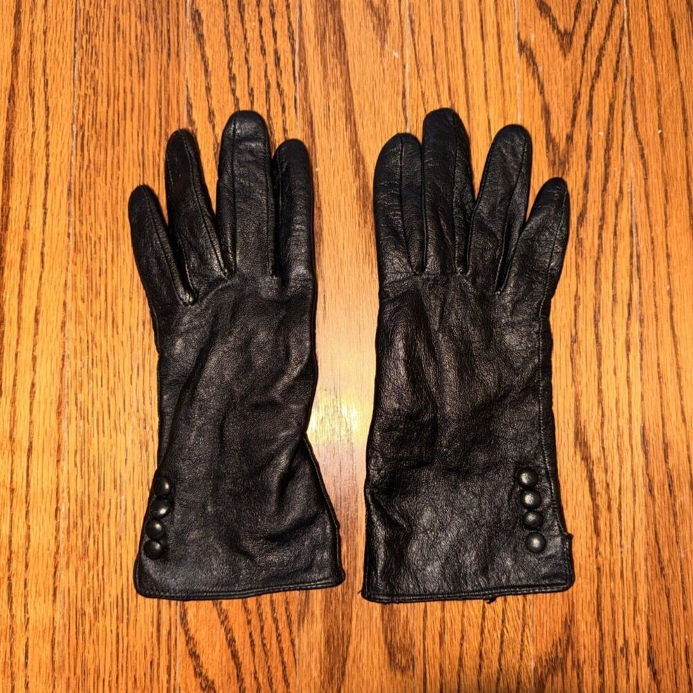 Black Genuine Leather Gloves Button Cuff Fleece Lined Women's
